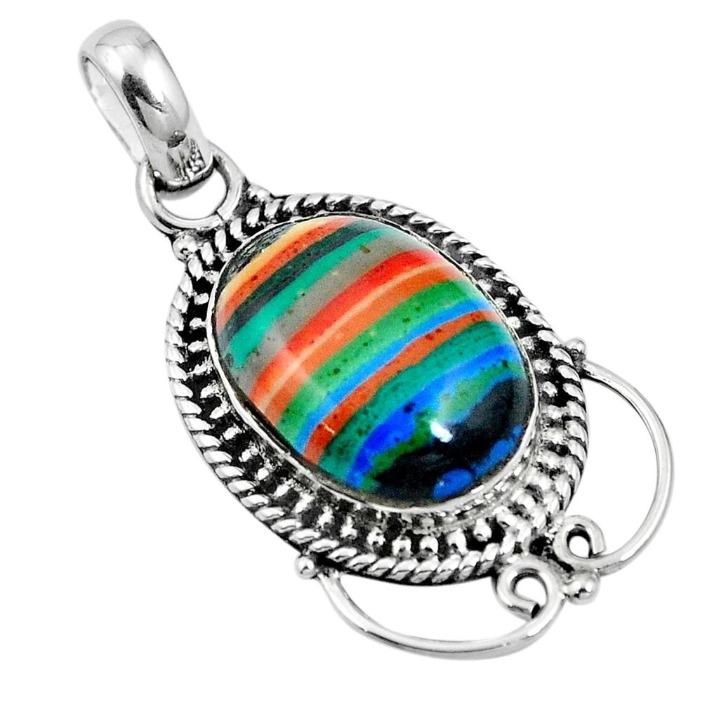 Natural multi color rainbow calsilica 925 sterling silver pendant m65501
