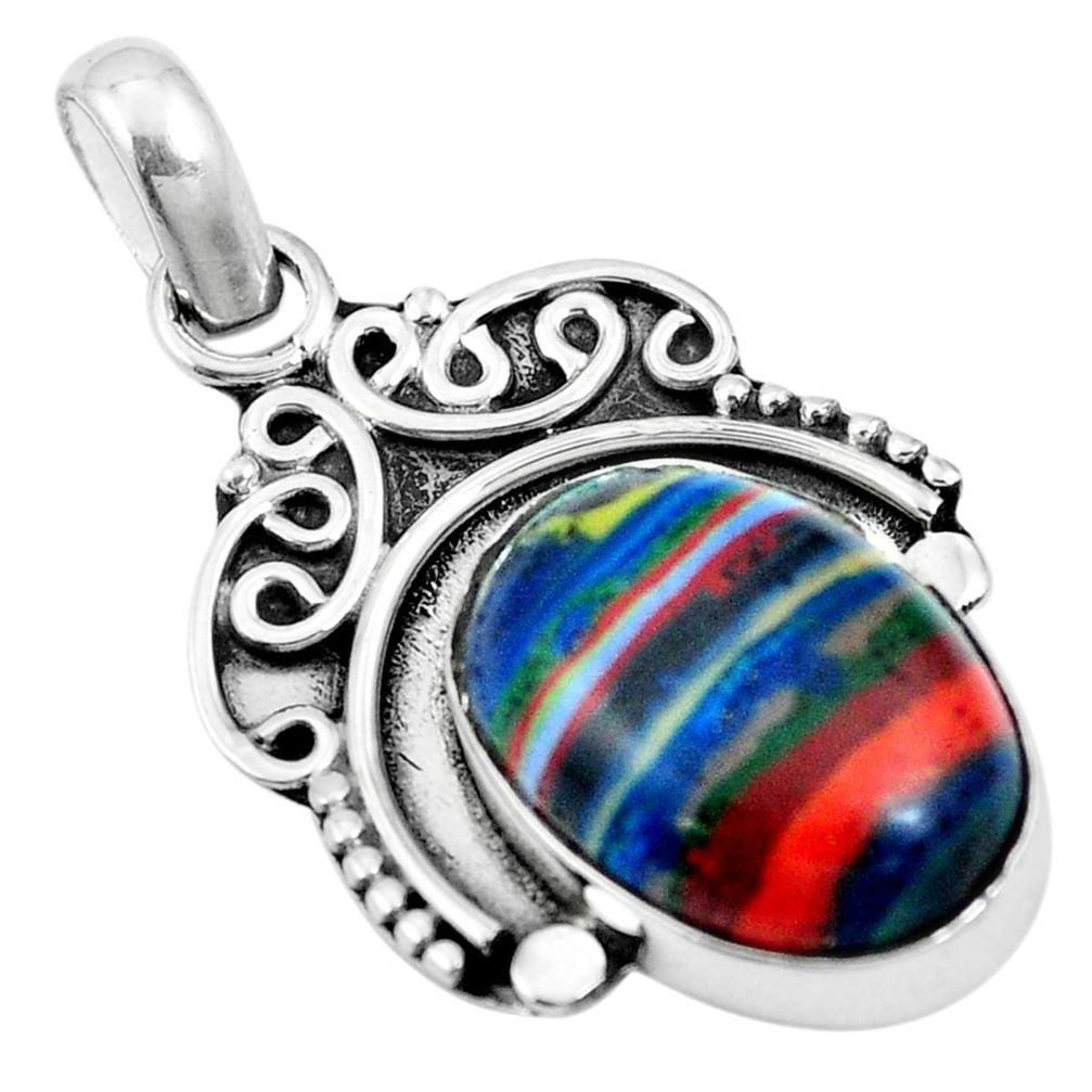 925 sterling silver natural multi color rainbow calsilica oval pendant m65504