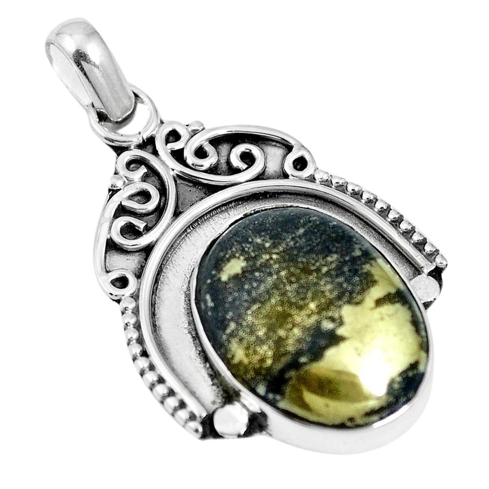 Natural golden pyrite in magnetite (healer's gold) 925 silver pendant m65536