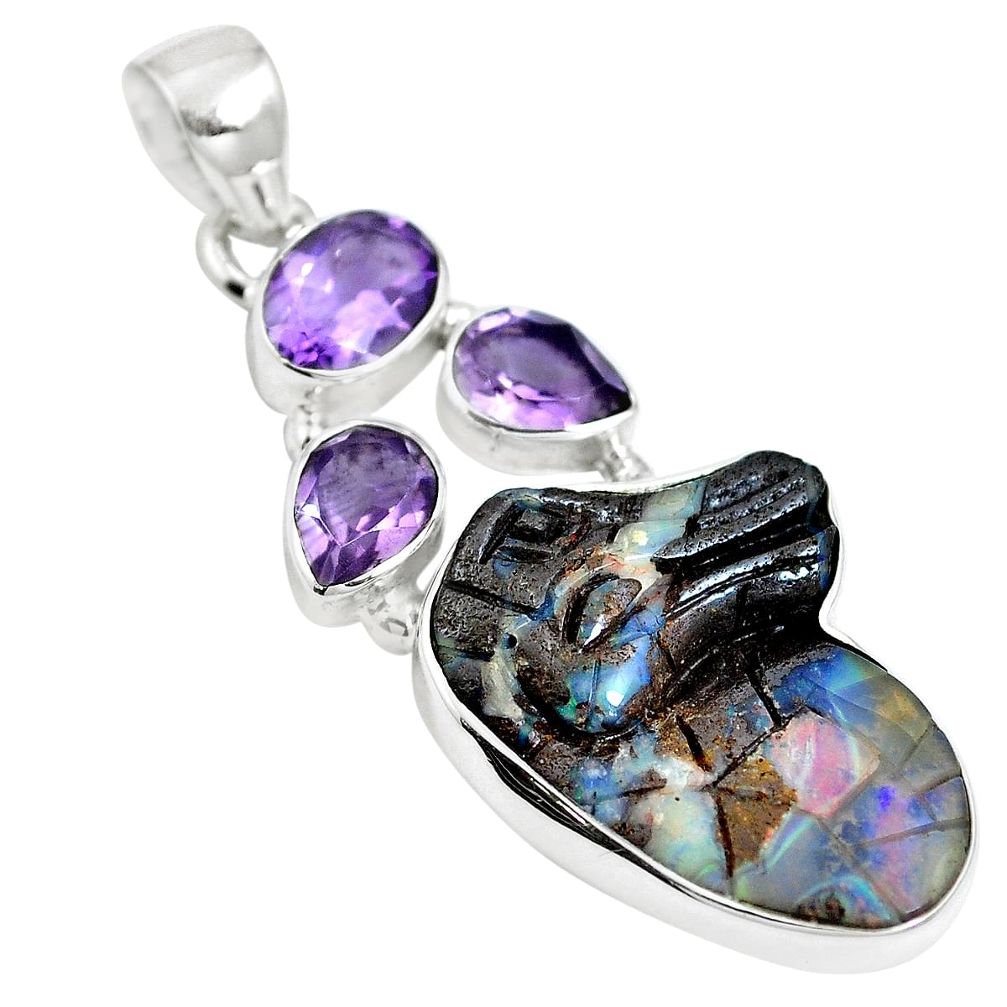 Natural brown boulder opal amethyst 925 sterling silver pendant m65981