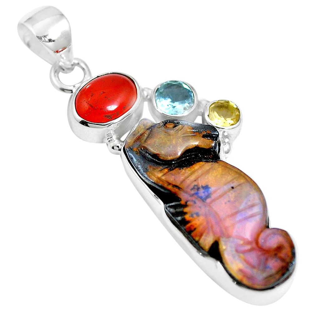 Natural brown boulder opal cornelian (carnelian) 925 silver pendant m65988