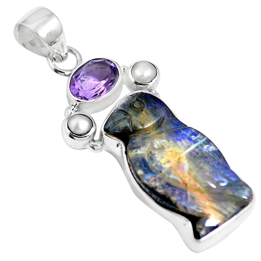 Natural brown boulder opal amethyst 925 sterling silver pendant m65996