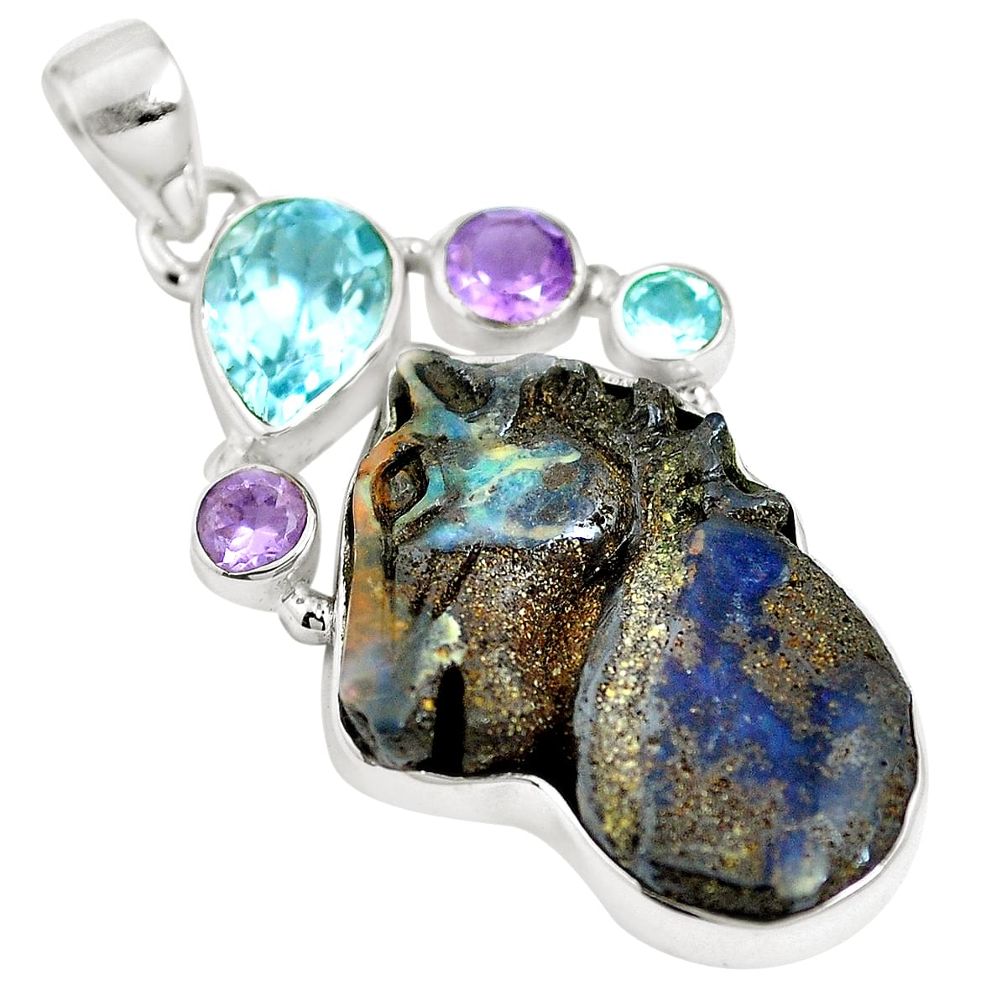 Natural brown boulder opal amethyst 925 sterling silver pendant m66001