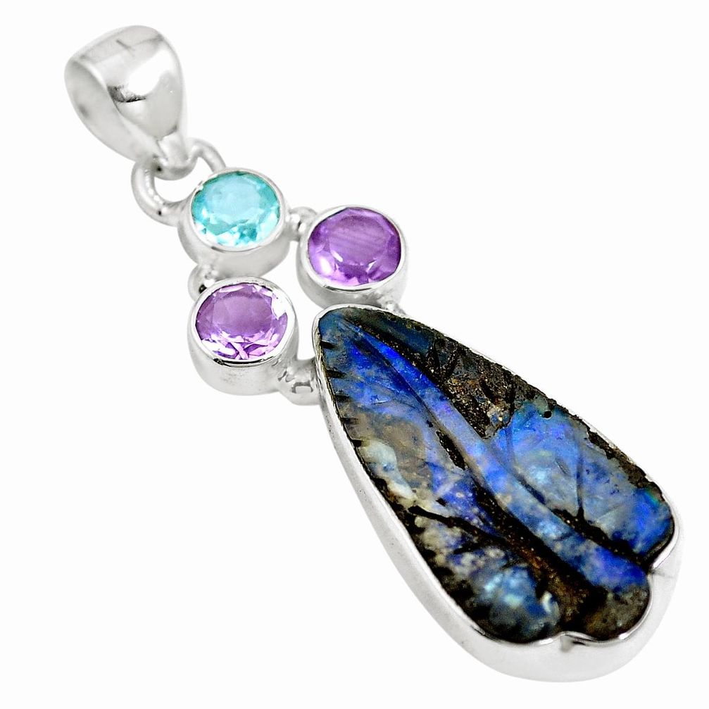 Natural brown boulder opal amethyst 925 sterling silver pendant m66002