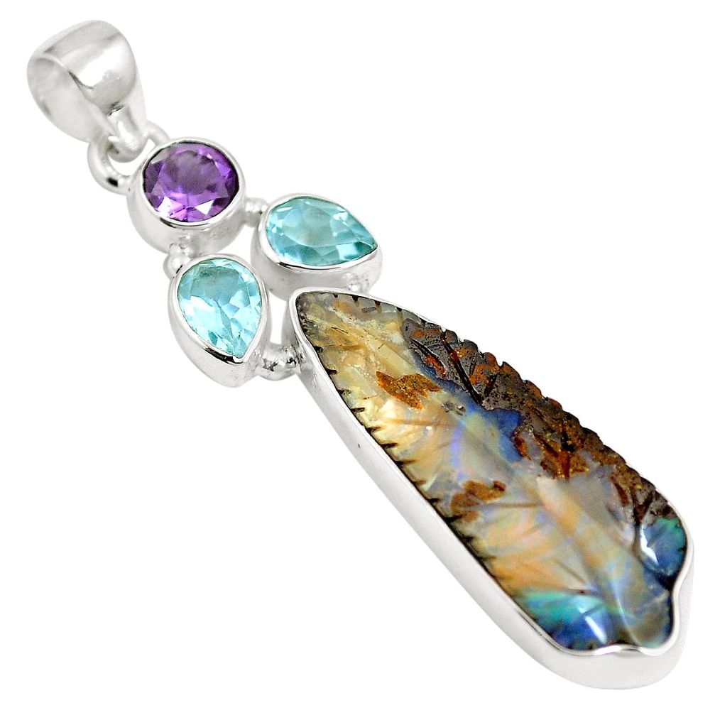 Natural brown boulder opal amethyst 925 sterling silver pendant m66003