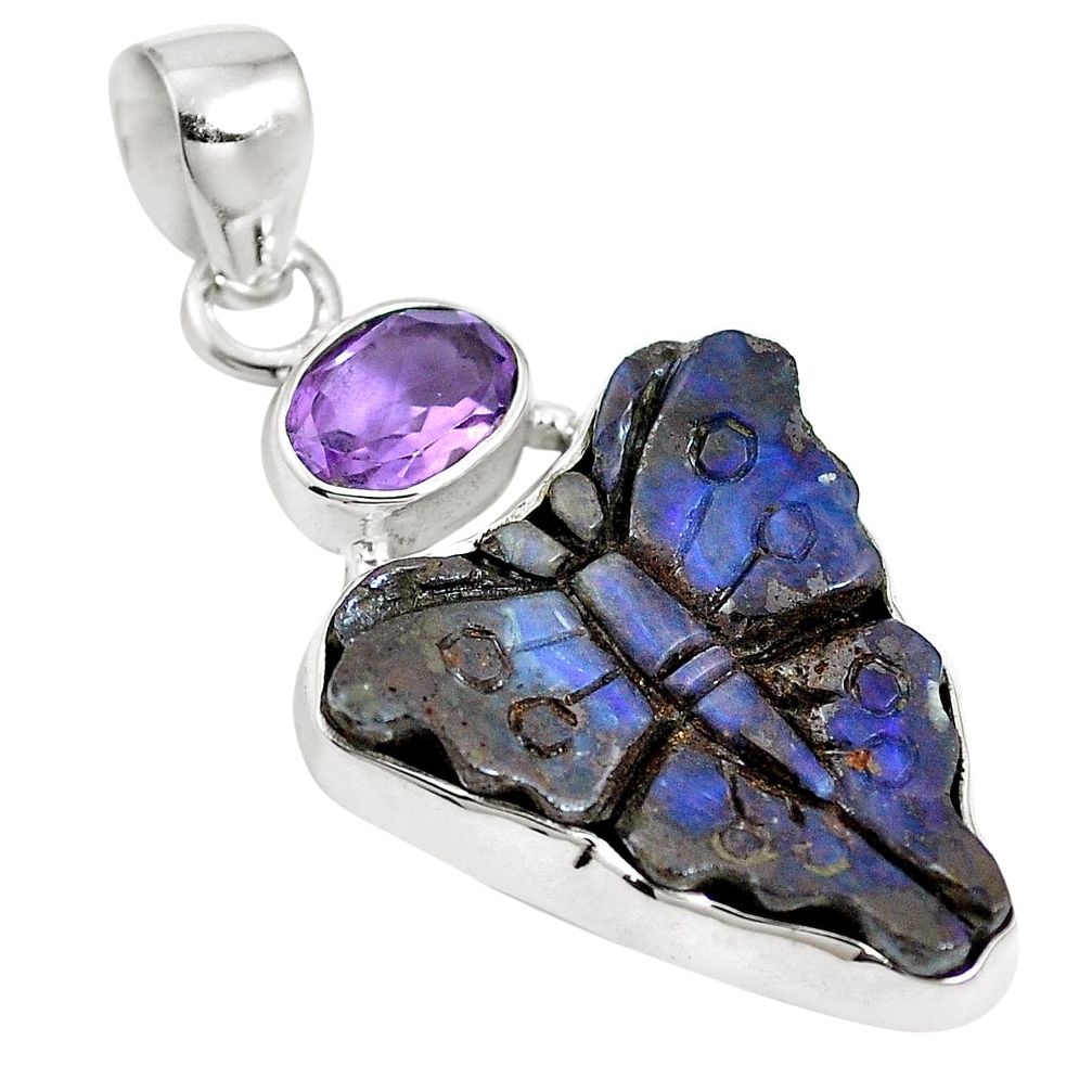 925 sterling silver natural brown boulder opal purple amethyst pendant m66016