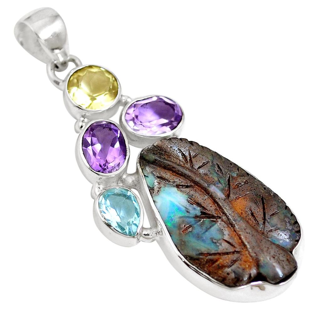 Natural brown boulder opal amethyst 925 sterling silver pendant m66018