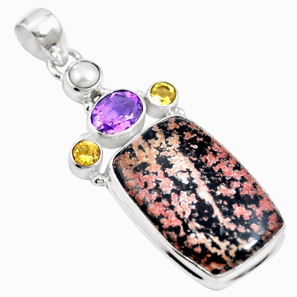 Natural pink firework obsidian amethyst pearl 925 silver pendant m66025