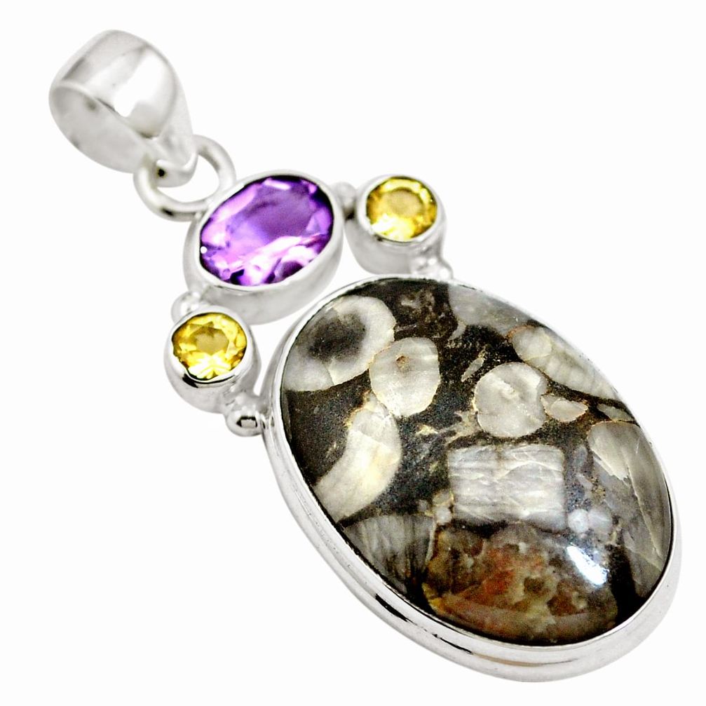 925 silver natural black crinoid fossil amethyst pendant jewelry m66044
