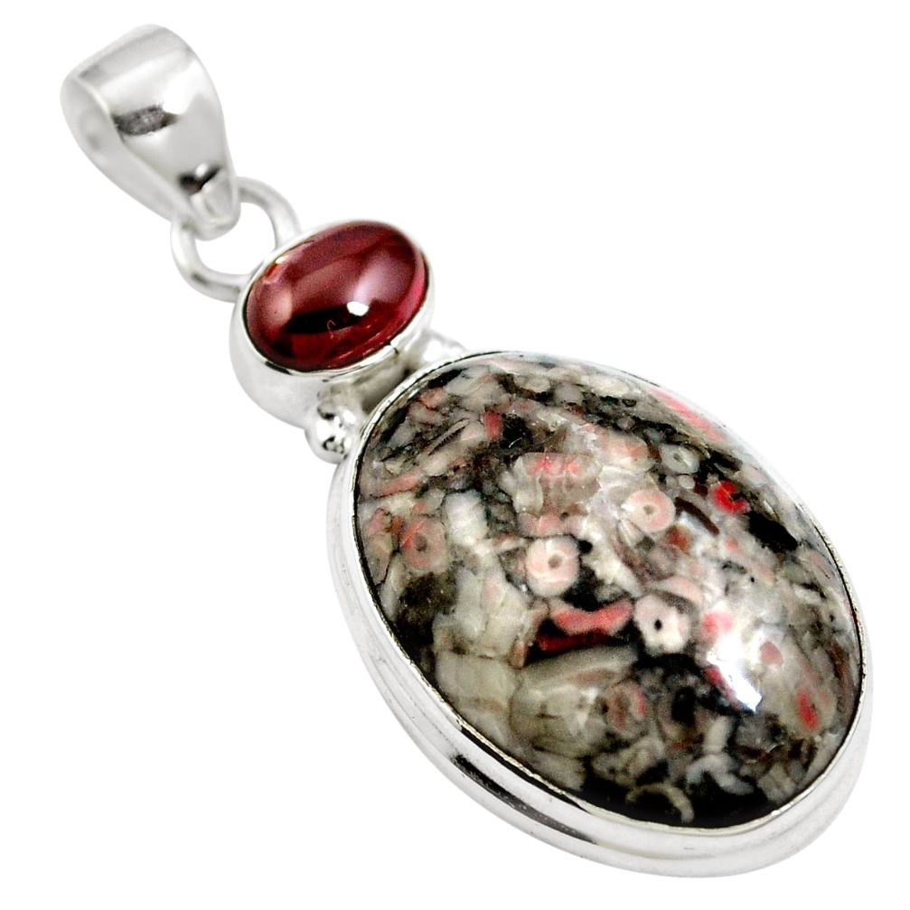 Natural black crinoid fossil red garnet 925 sterling silver pendant m66045