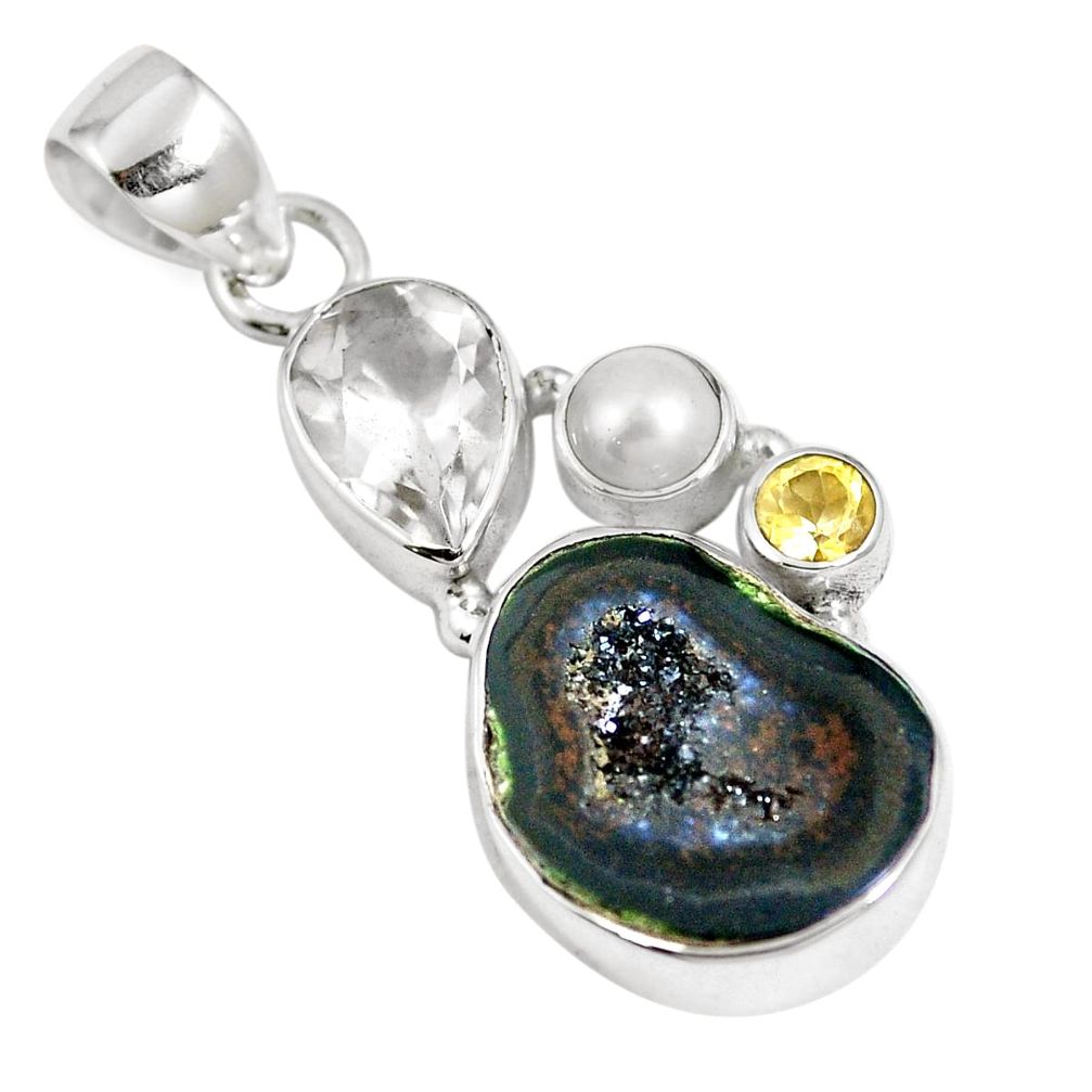 925 sterling silver natural black geode druzy citrine pearl pendant m66200