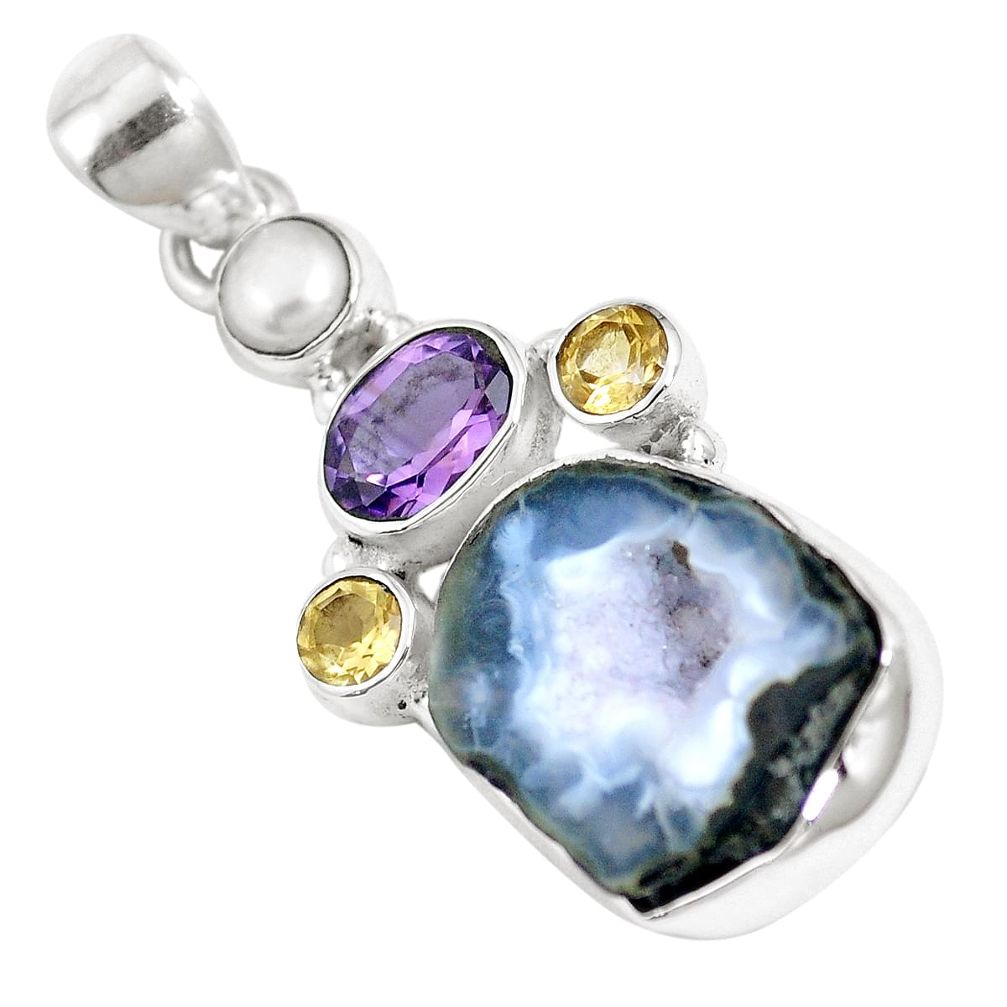 Natural black geode druzy amethyst 925 sterling silver pendant m66203