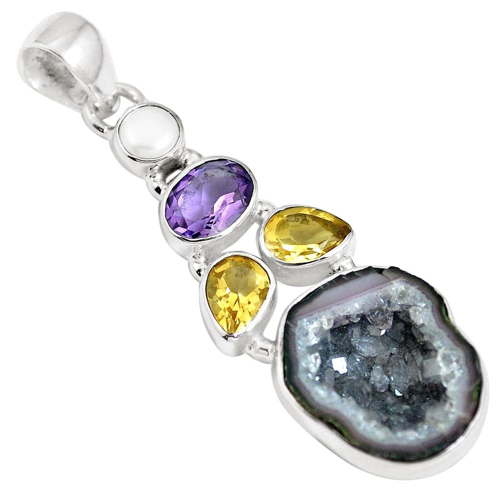 925 sterling silver natural black geode druzy citrine pearl pendant m66209