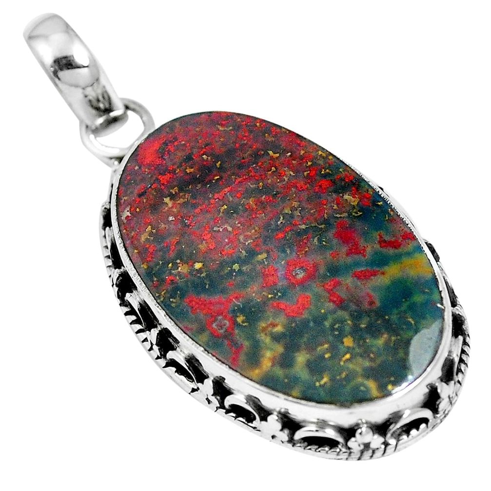 Natural green bloodstone african (heliotrope) 925 silver pendant m66289