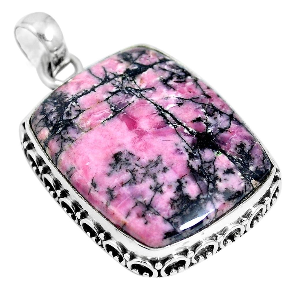 25.00cts natural pink rhodonite in black manganese 925 silver pendant m66341