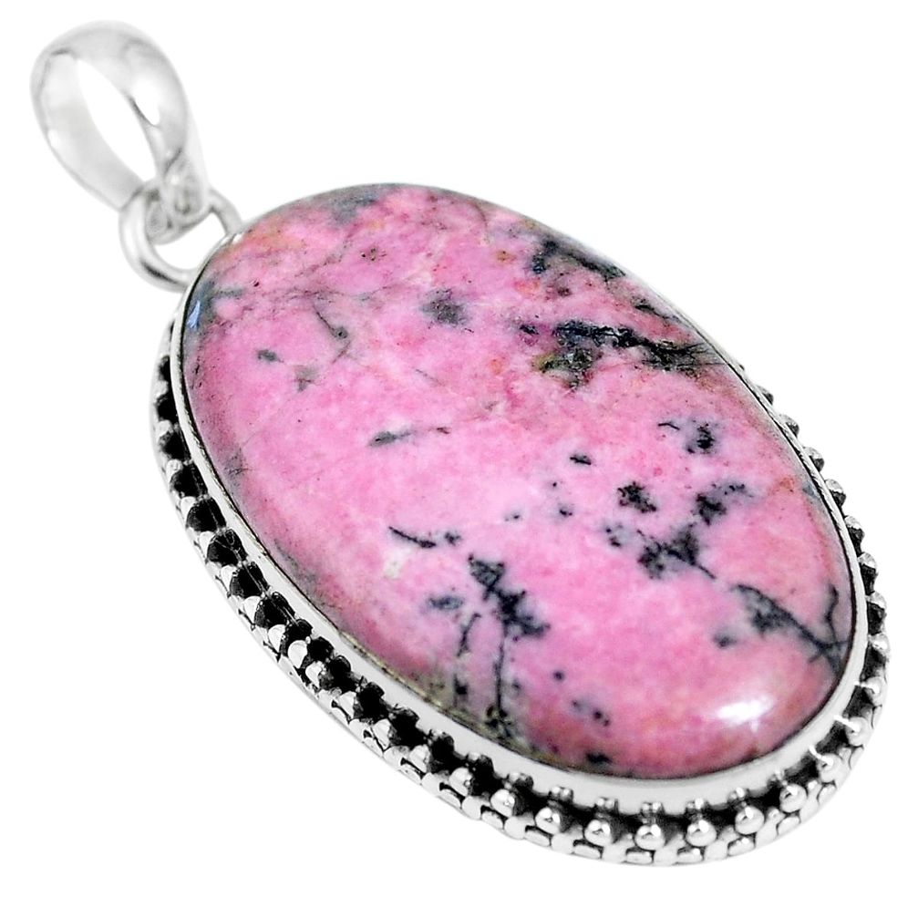 24.38cts natural pink rhodonite in black manganese 925 silver pendant m66347