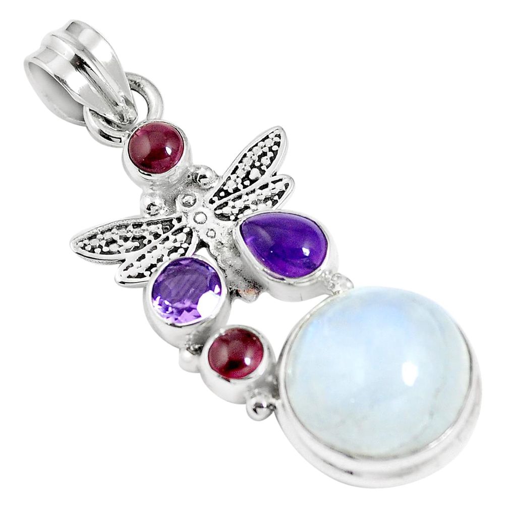 Natural rainbow moonstone amethyst 925 silver dragonfly pendant m66701