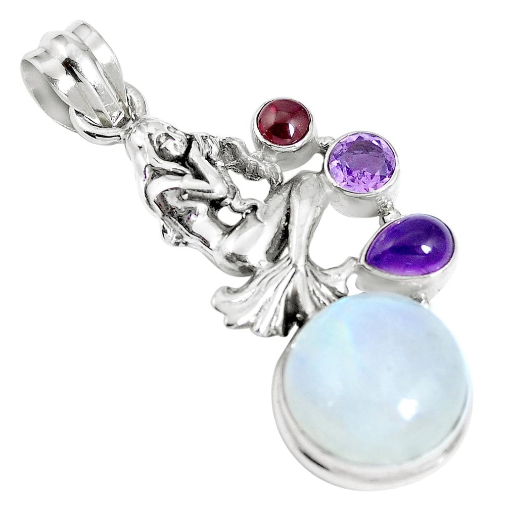 Natural rainbow moonstone amethyst 925 silver angel pendant m66703