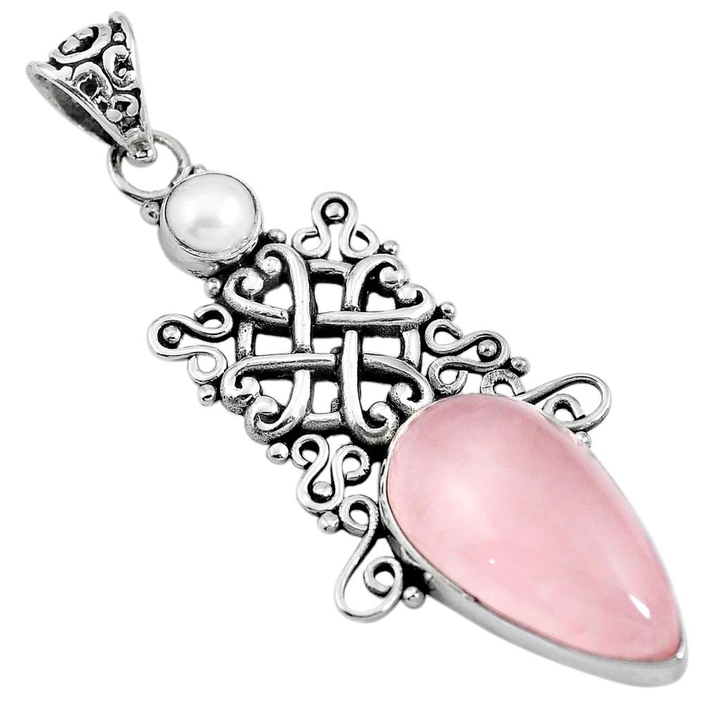 925 sterling silver natural pink rose quartz white pearl pendant m66749