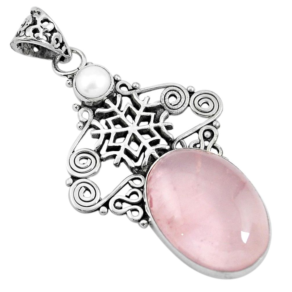 925 sterling silver natural pink rose quartz white pearl pendant m66754