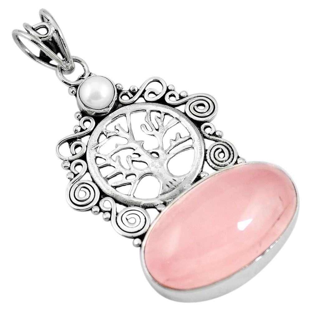 Natural pink rose quartz pearl 925 sterling silver tree of life pendant m66759