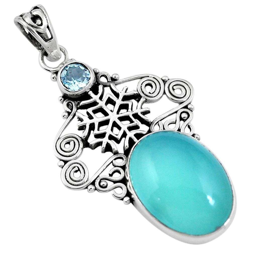 Natural aqua chalcedony oval blue topaz 925 sterling silver pendant m66790