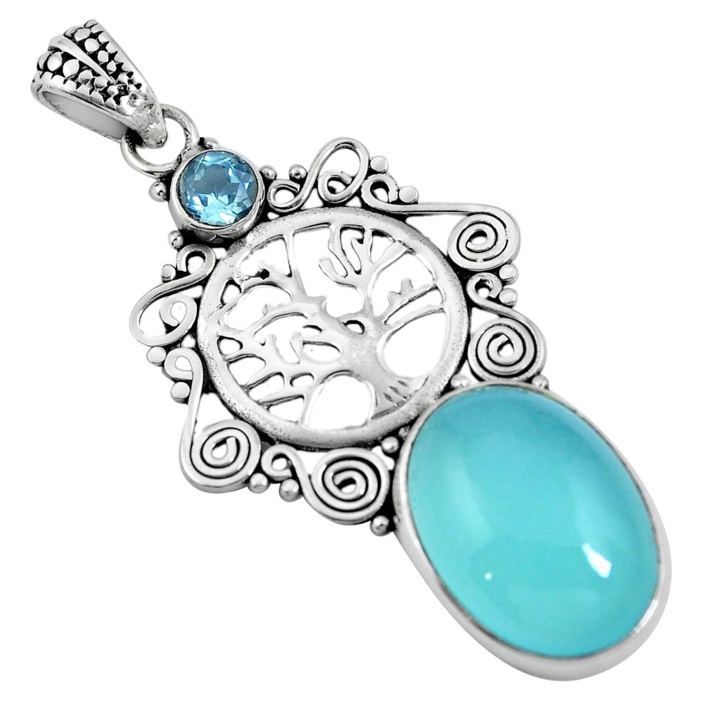 Natural aqua chalcedony topaz 925 sterling silver tree of life pendant m66798