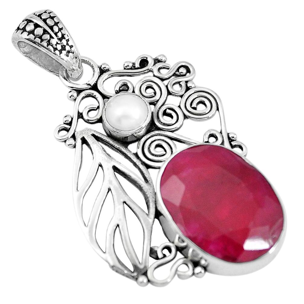 925 sterling silver natural red ruby white pearl feather charm pendant m66805