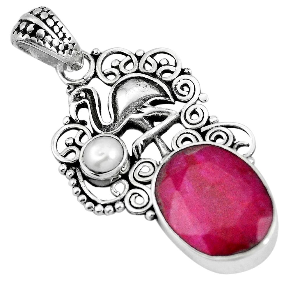 Natural red ruby pearl 925 sterling silver flamingo charm pendant m66809