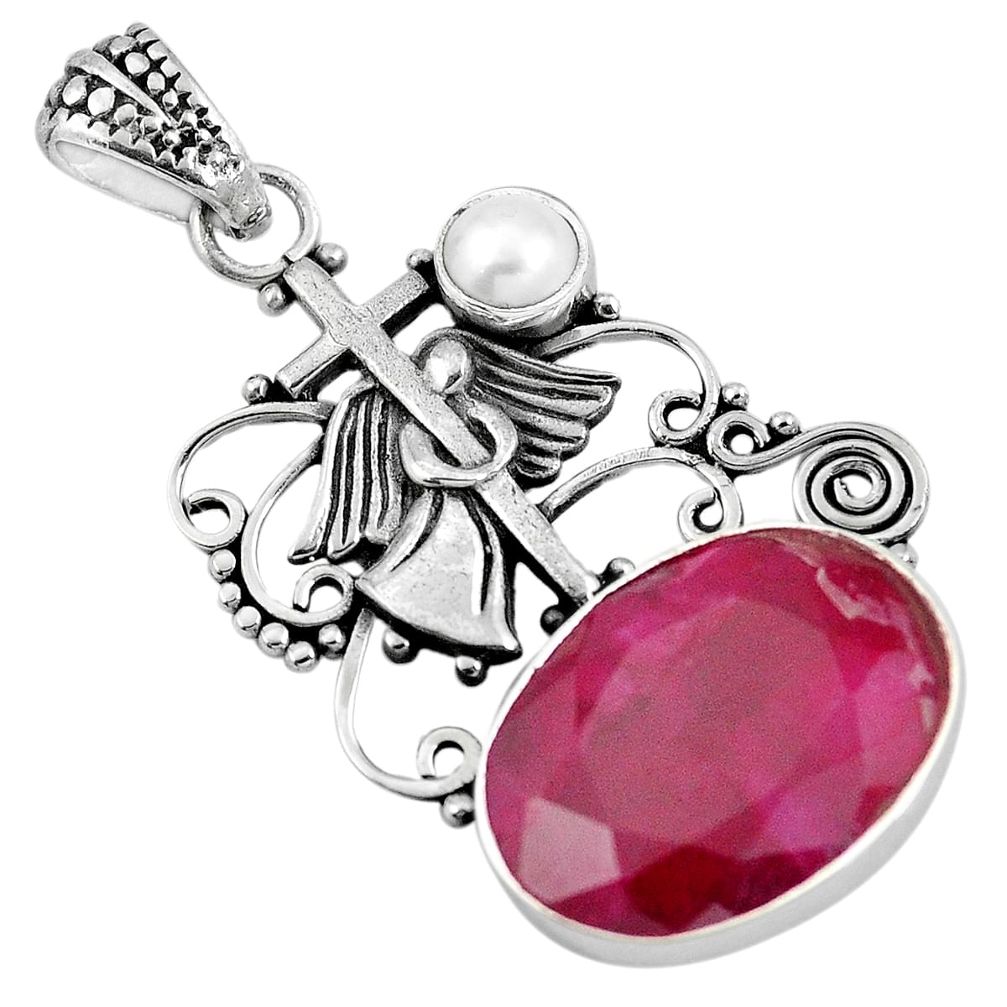 Natural red ruby pearl 925 sterling silver angel wing with cross pendant m66818