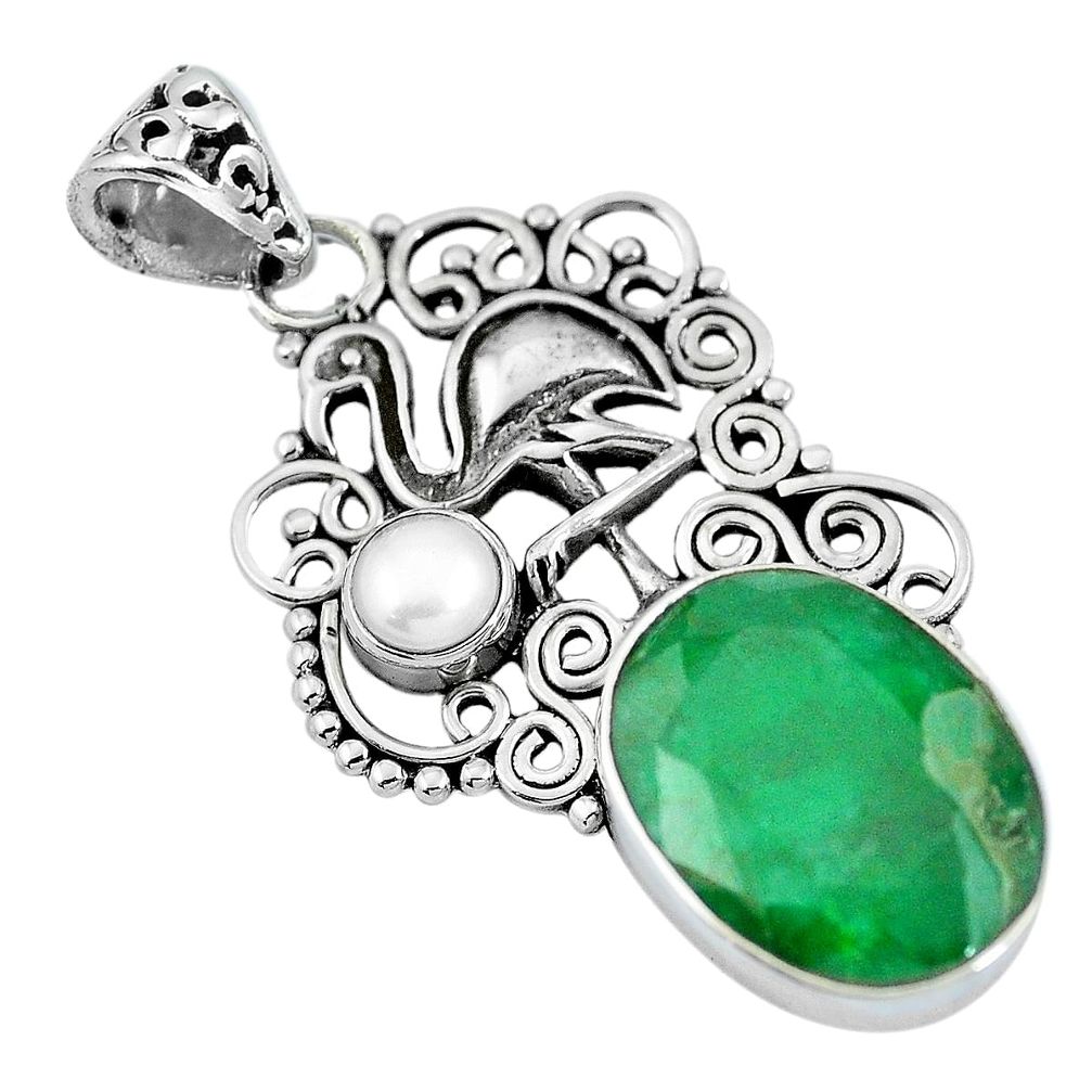 925 silver natural green chalcedony white pearl flamingo charm pendant m66839