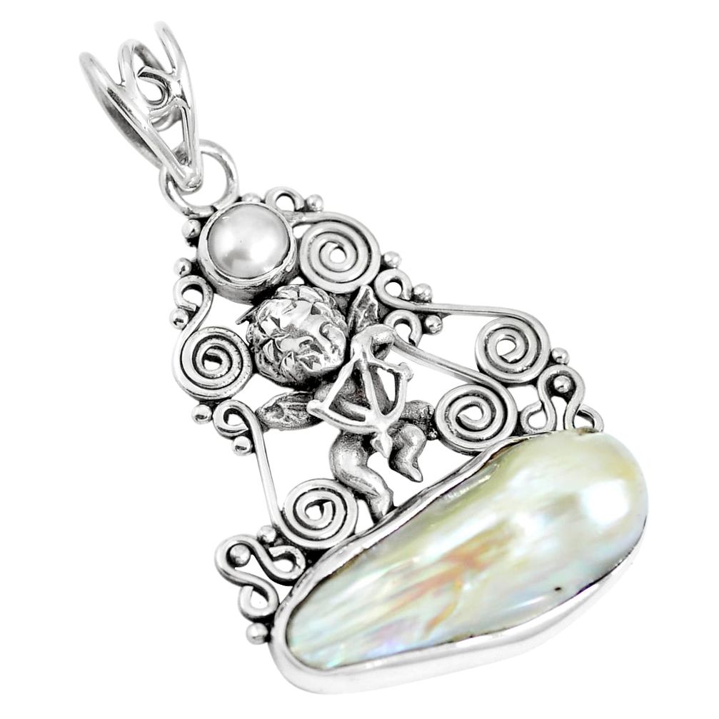 Natural white biwa pearl pearl 925 sterling silver cupid angel pendant m66849