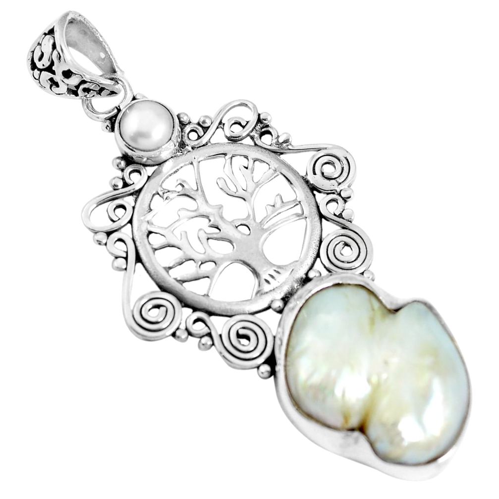 Natural white biwa pearl pearl 925 sterling silver tree of life pendant m66850