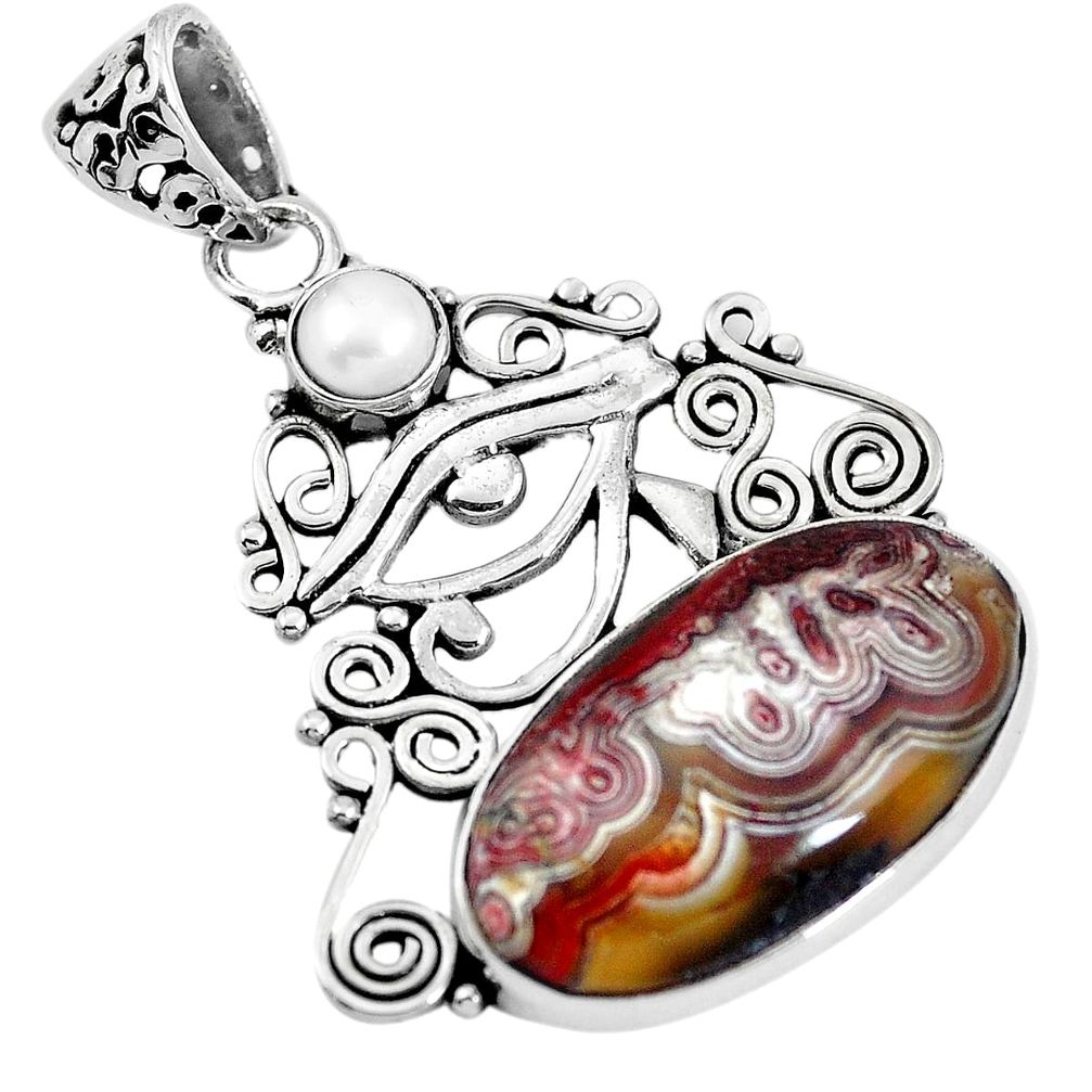 Natural mexican laguna lace agate 925 silver eye of horus pendant m66901