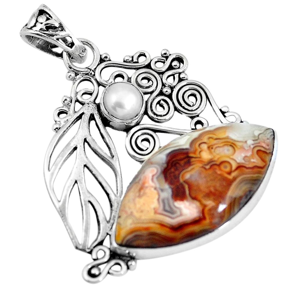 Natural mexican laguna lace agate 925 silver feather charm pendant m66910