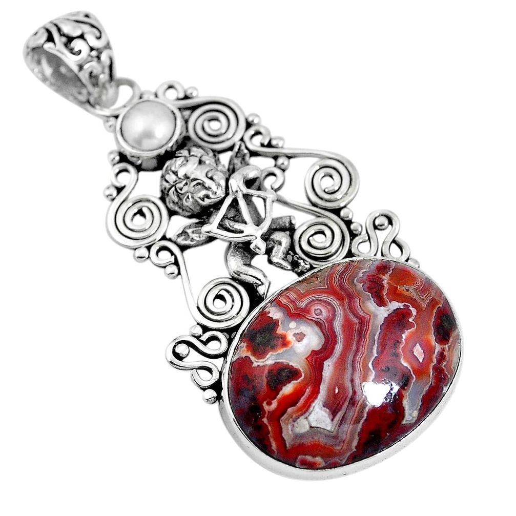 Natural mexican laguna lace agate 925 silver cupid angel pendant m66913