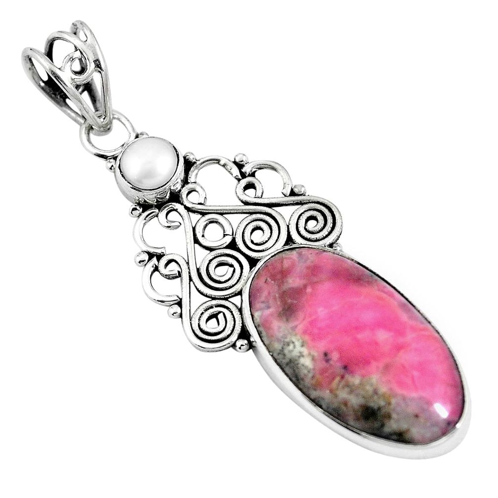 Natural pink rhodonite in black manganese 925 silver pendant jewelry m66945