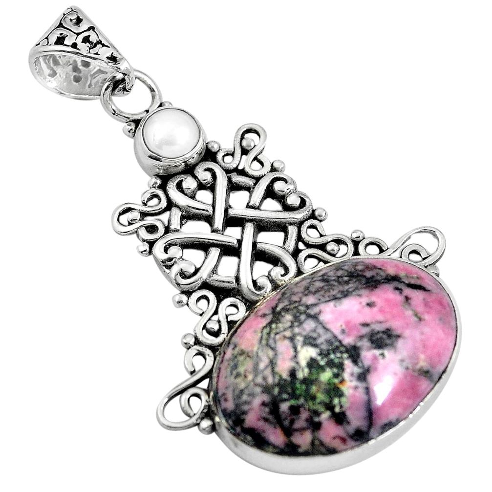 925 silver natural pink rhodonite in black manganese pearl pendant m66949