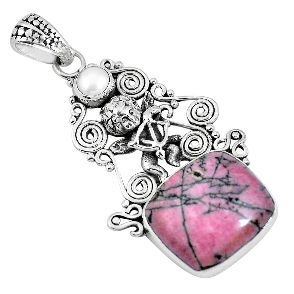 Natural pink rhodonite in black manganese 925 silver cupid angel pendant m66950