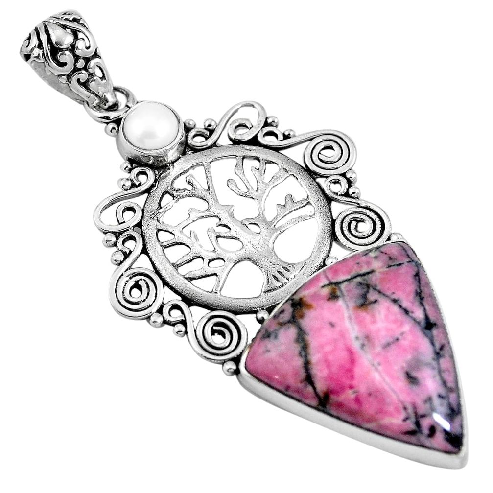 925 silver natural pink rhodonite in black manganese tree of life pendant m66954