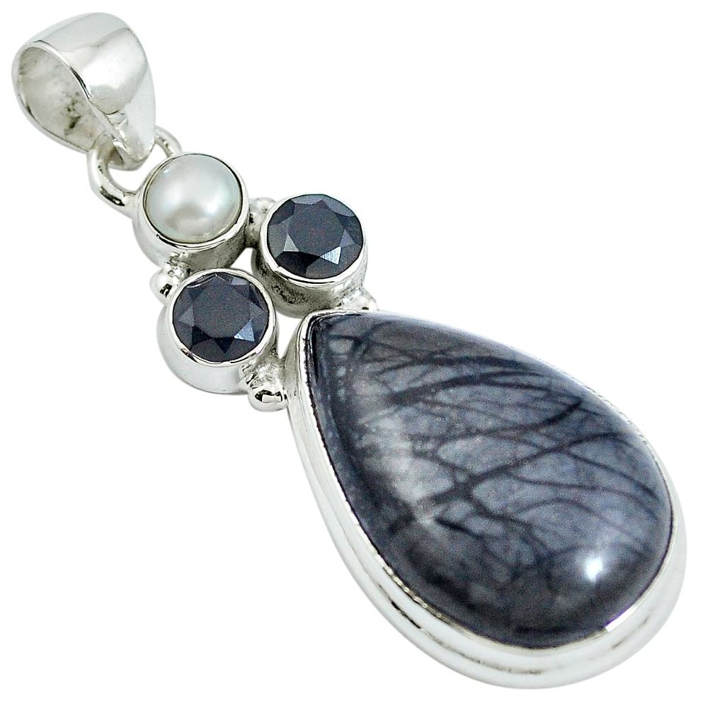 Natural black picasso jasper onyx pearl 925 sterling silver pendant m67222