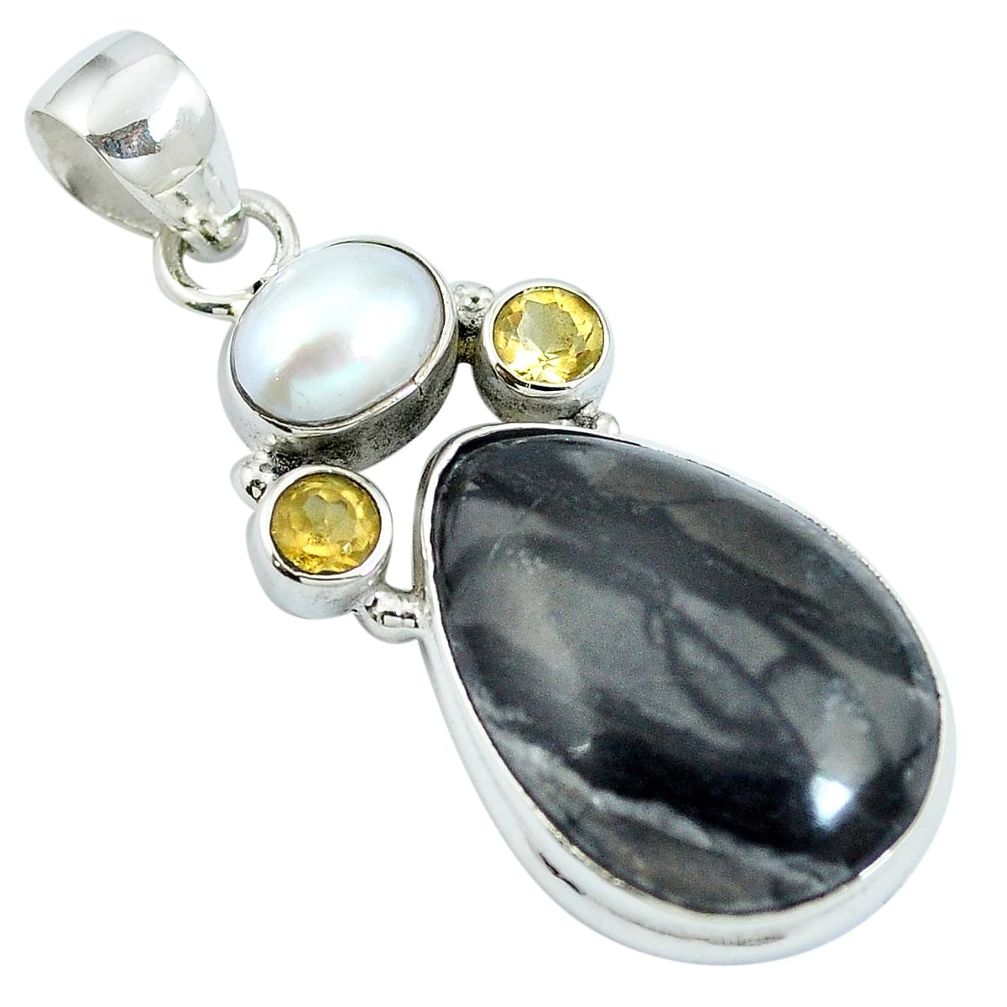 925 sterling silver natural black picasso jasper citrine pearl pendant m67224