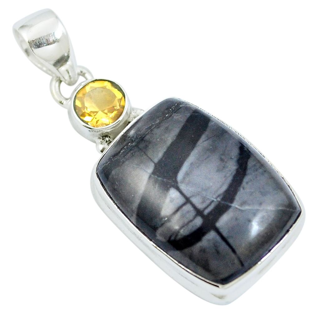 Natural black picasso jasper octagan citrine 925 sterling silver pendant m67231