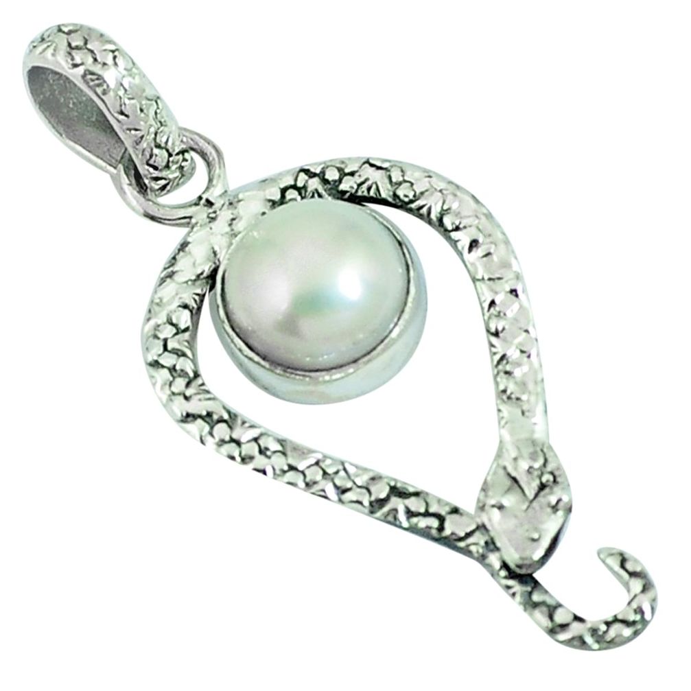 925 sterling silver natural white pearl round snake pendant jewelry m67515