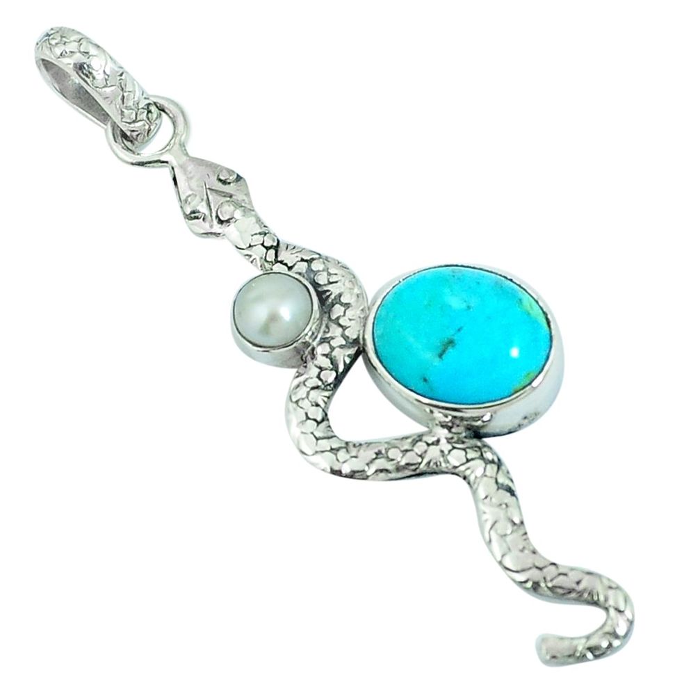 Green arizona mohave turquoise white pearl 925 silver snake pendant m67522