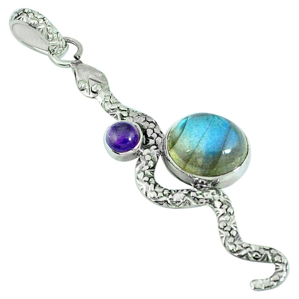 Natural blue labradorite amethyst 925 silver snake pendant m67524