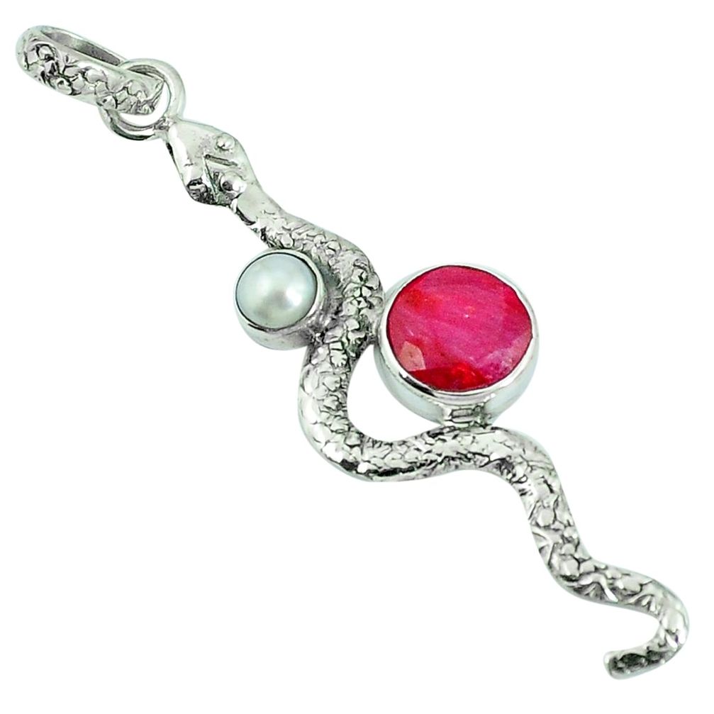 925 sterling silver natural red ruby white pearl snake pendant jewelry m67525
