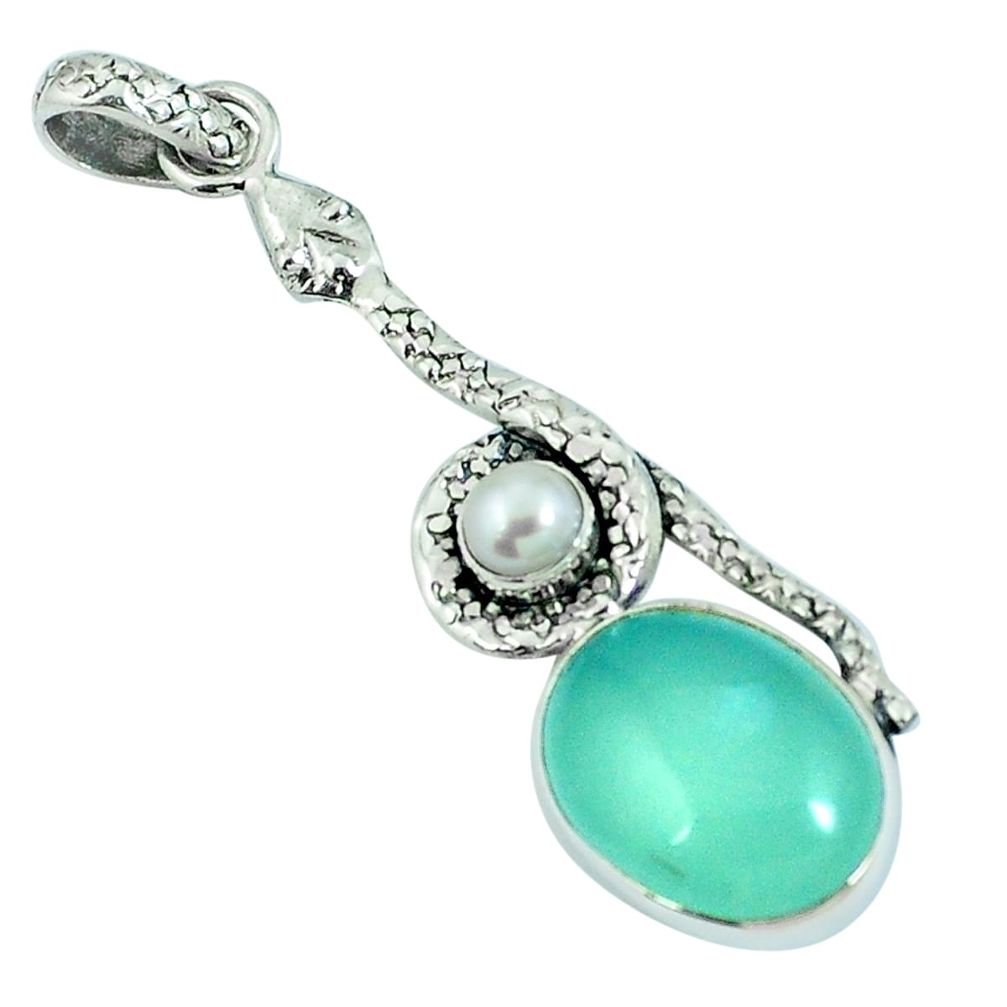 Natural aqua chalcedony pearl 925 sterling silver snake pendant m67562