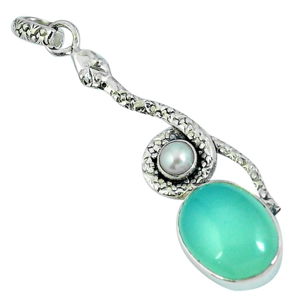 Natural aqua chalcedony pearl 925 sterling silver snake pendant m67573