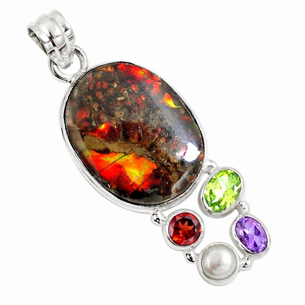 Natural multi color ammolite (canadian) garnet pearl 925 silver pendant m67882